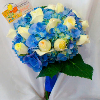 Ramo redondo de hortensia azul y rosa