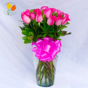 18 rosas fucsia en jarron