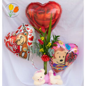 Globos flores y peluche