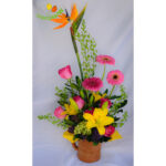 Gerbera rosa y lili en barro