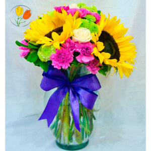 Clavel rosa y girasol